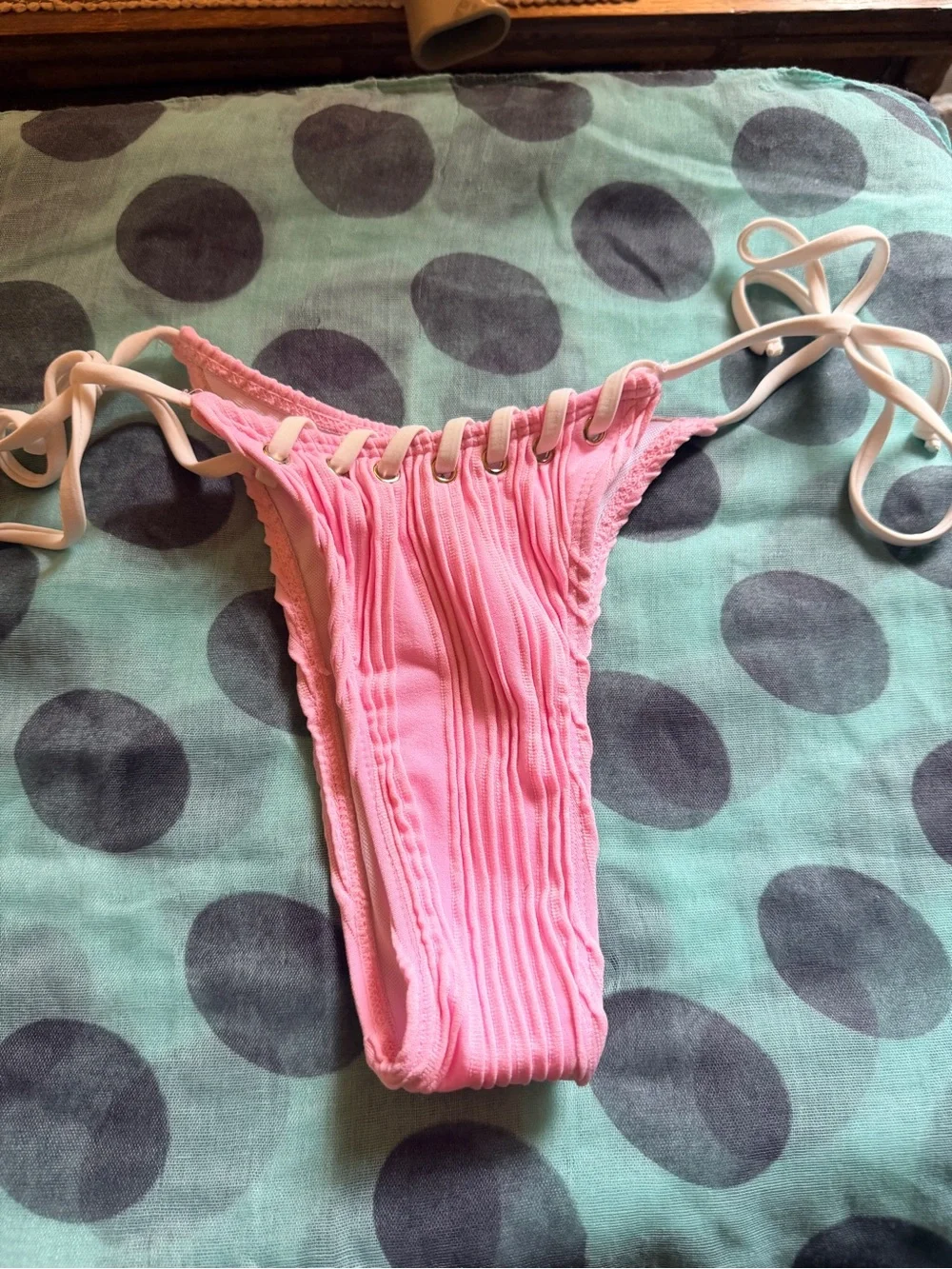 Pink Ruched String Bikini Bottom - Picture 7 of 7